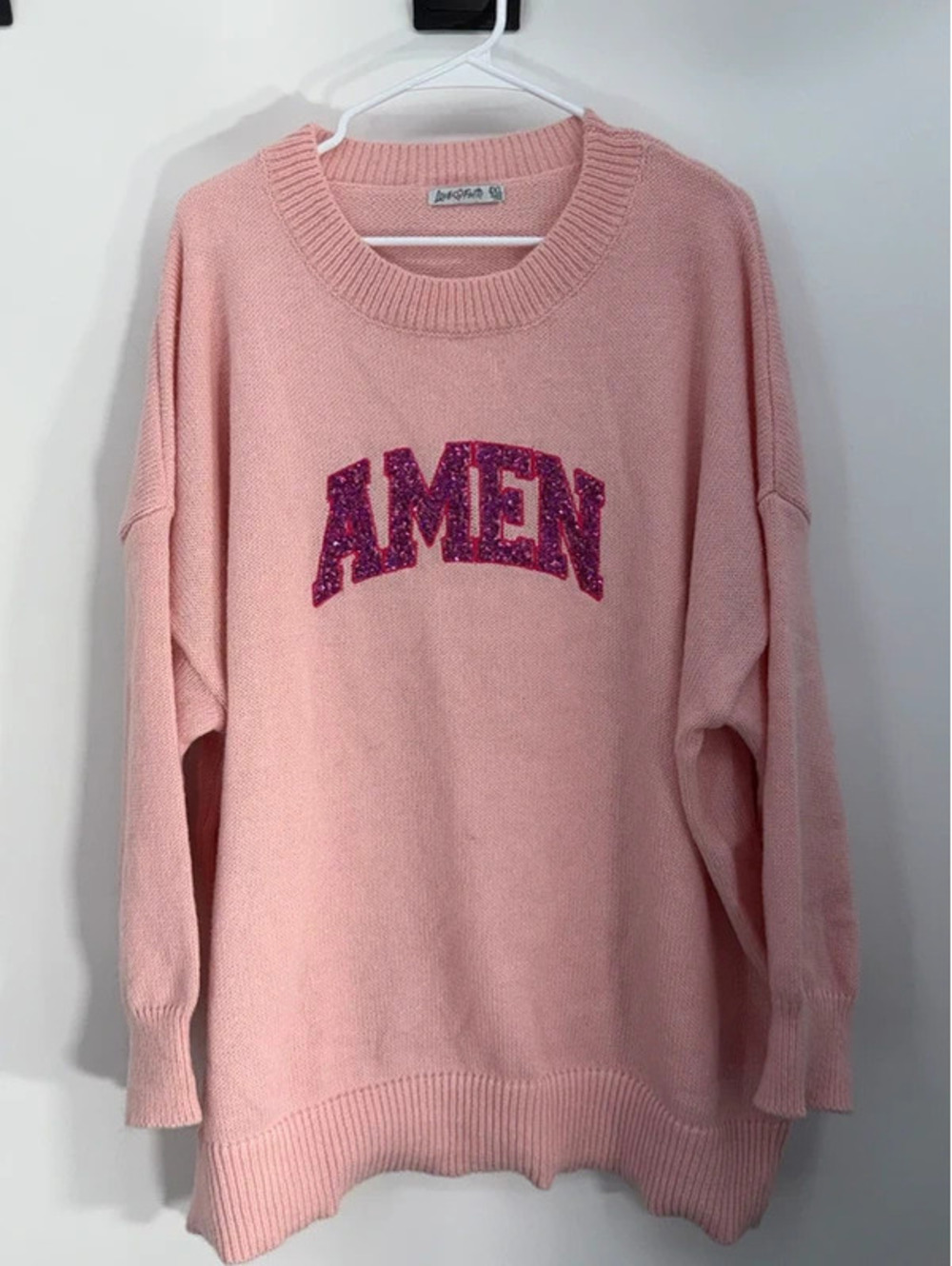 Love & Faith Pink Oversized Sweater with Sequin AMEN Embroidery, Size 4XL